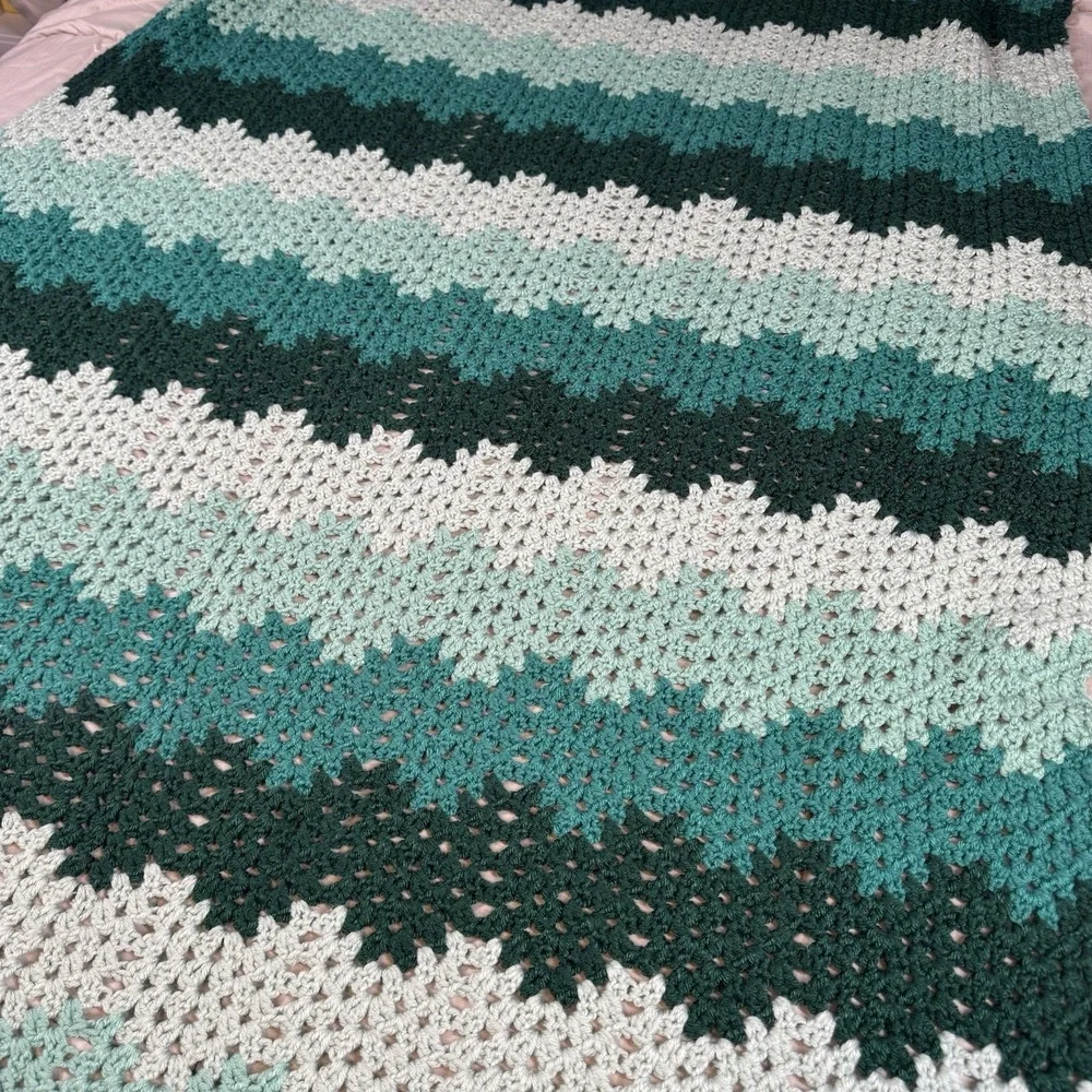Handmade Turquoise Green Ombre Chevron Crochet Blanket 46